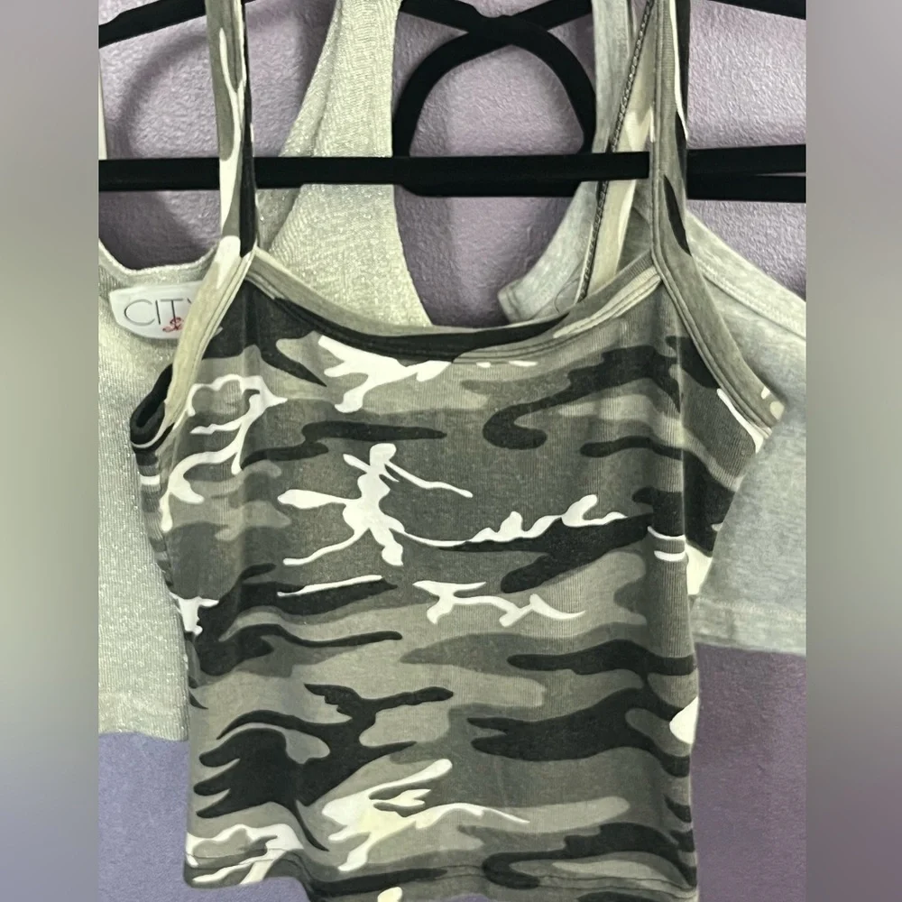 THREE Camouflage silver gray Vintage Tank Top Tee Cami stretch short crop shirt - Picture 4 of 8